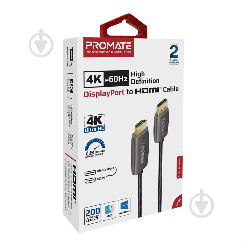 Кабель Promate ProLink-DP200 DisplayPort to HDMI 2 м 2 м черный (prolink-dp200.black) - фото 7