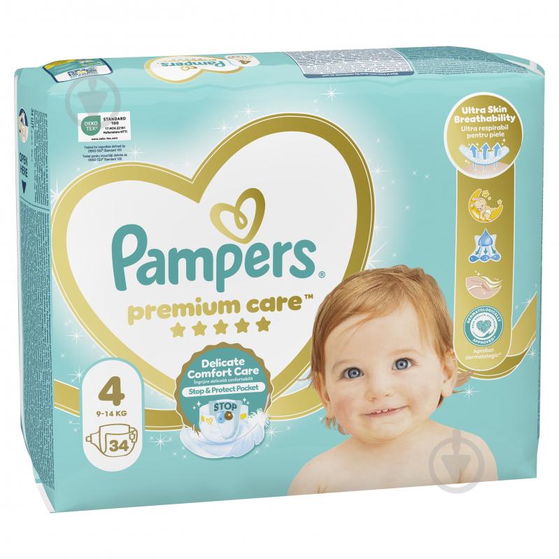 Підгузки Pampers Premium Care Розмір 4 9-14 кг 34 шт. - фото 2 Підгузки Pampers Premium Care Розмір 4 9-14 кг 34 шт. - фото 2