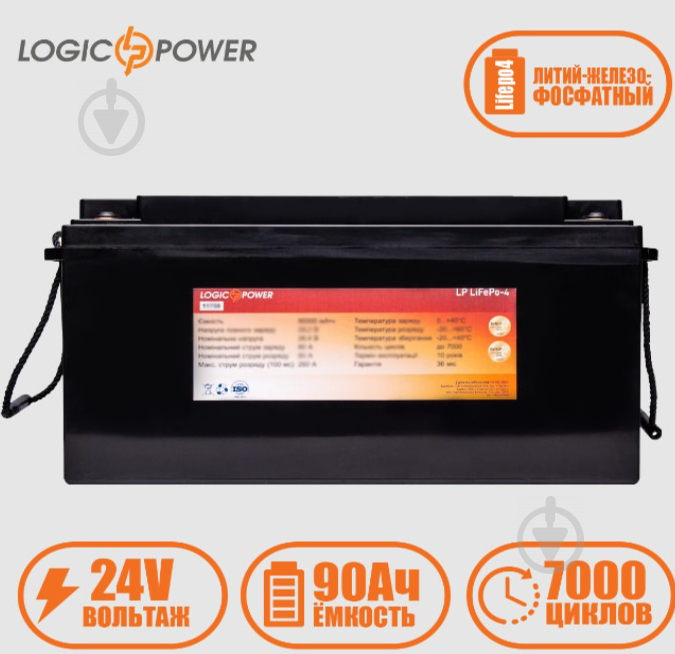 Акумулятор Акумулятор LP LiFePO4 24 V - 90 Ah (BMS 80A) пластик LogicPower LiFePO4 - фото 1