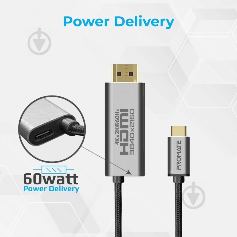 Кабель Promate HDMI-PD60 USB-C/HDMI 4K 60Hz 1,8 м серый (hdmi-pd60.grey) - фото 3