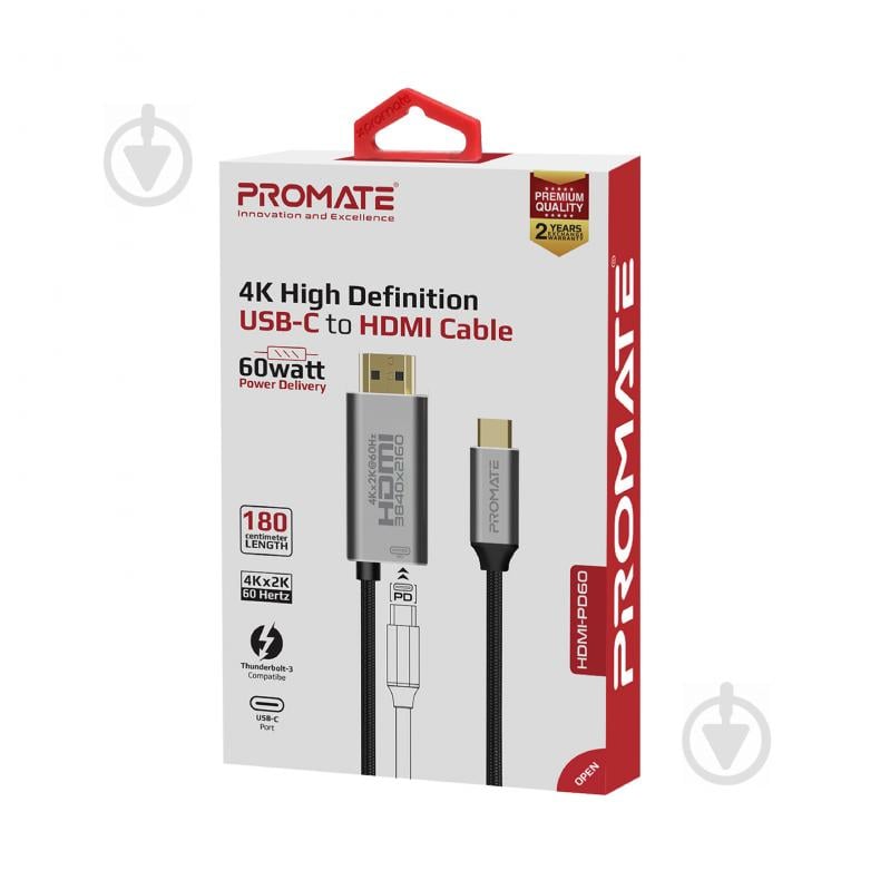 Кабель Promate HDMI-PD60 USB-C/HDMI 4K 60Hz 1,8 м серый (hdmi-pd60.grey) - фото 5