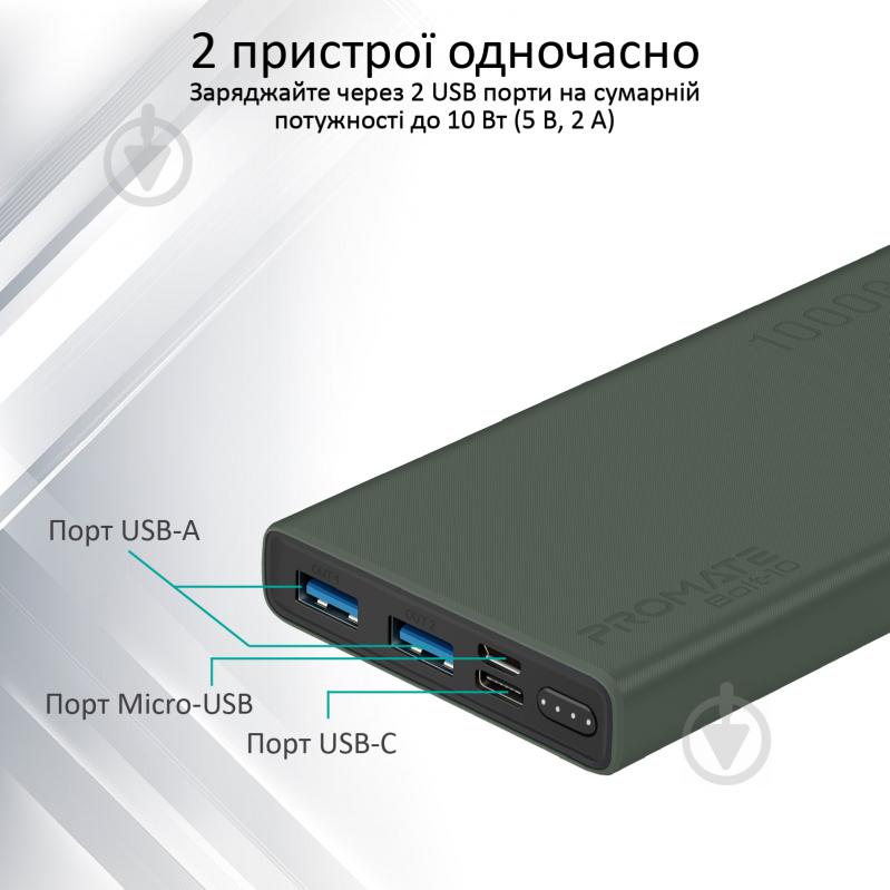 Повербанк Promate 10Вт 2xUSB 10000 mAh (bolt-10.midnightgreen) - фото 4