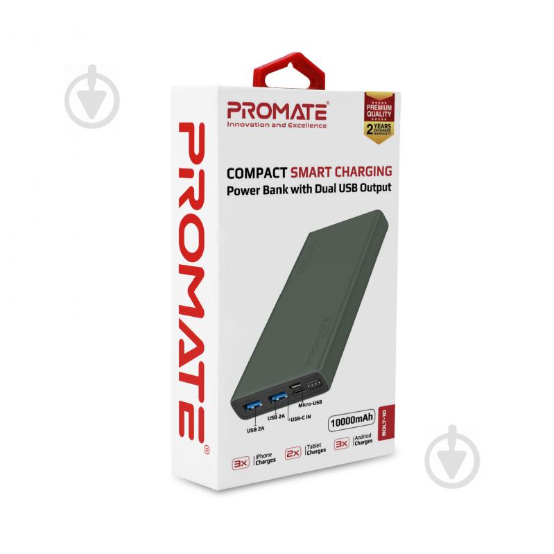 Повербанк Promate 10Вт 2xUSB 10000 mAh (bolt-10.midnightgreen) - фото 7