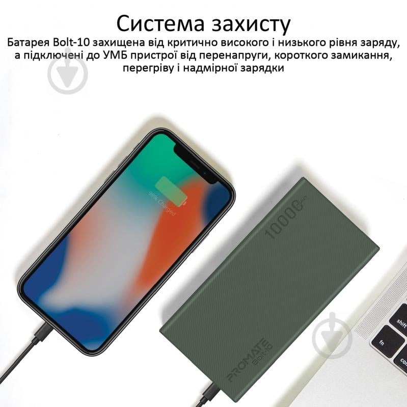 Повербанк Promate 10Вт 2xUSB 10000 mAh (bolt-10.midnightgreen) - фото 6