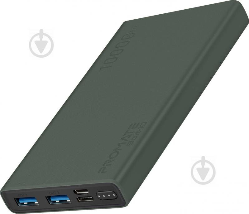 Повербанк Promate 10Вт 2xUSB 10000 mAh (bolt-10.midnightgreen) - фото 1