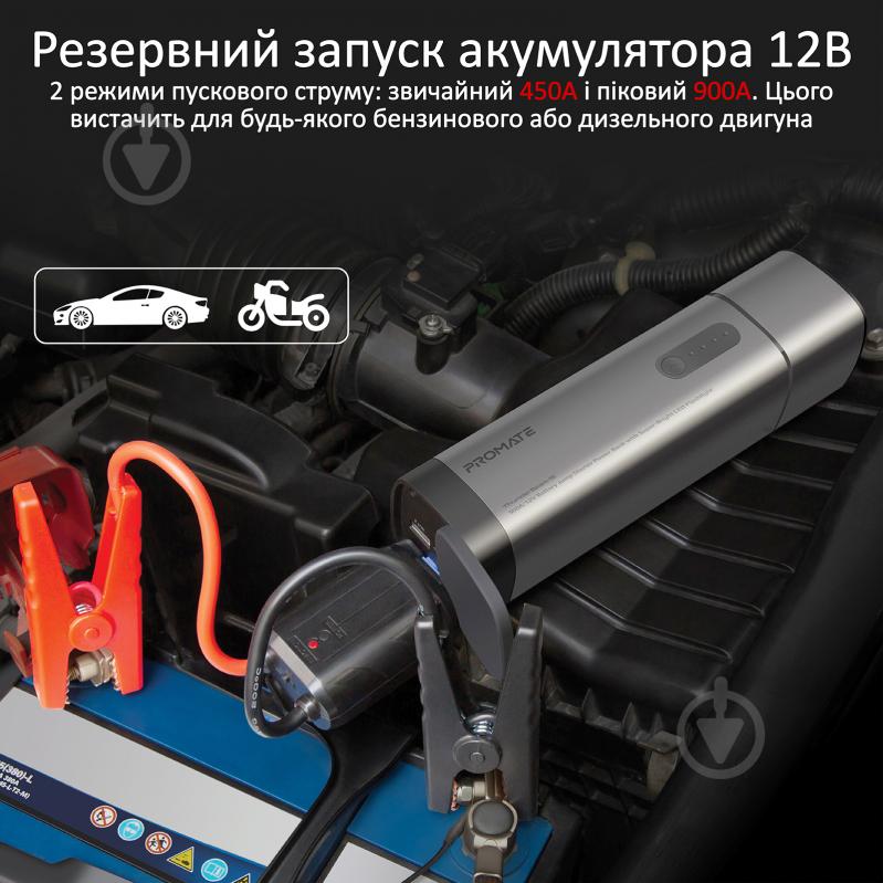 Мобільний пускозарядний пристрій Promate ThunderBeam-15 15000 mAh 900A Jump Starter 2xUSB 2А LED thunderbeam-15.grey - фото 2