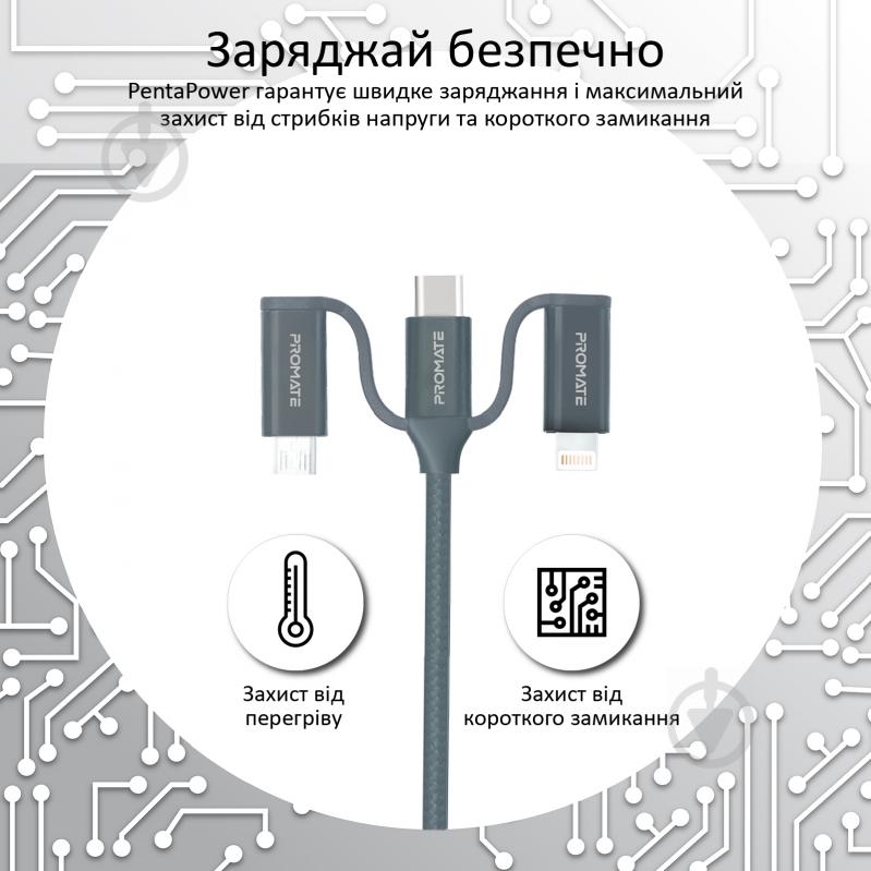 Кабель Promate PentaPower USB-C/USB to USB-C/microUSB/Lightning 1,2 м сірий (pentapower.grey) - фото 6