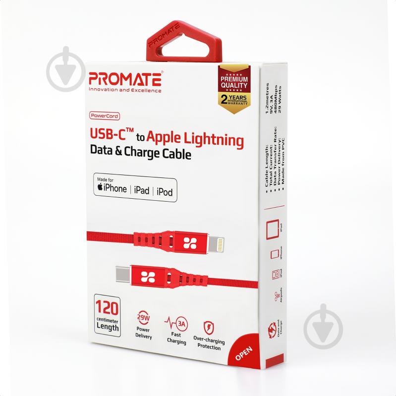 Кабель Promate PowerCord Type-C - Lightning 1,2 м красный (powercord.red) - фото 7