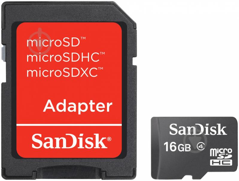 Карта пам'яті SanDisk microSDHC 16GB Class 4 + SD adapter - фото 1