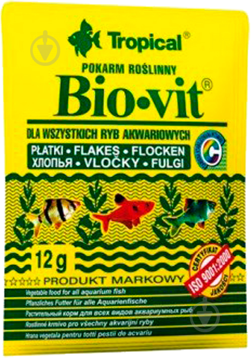 Корм Tropical Bio-vit Хлопья для рыб 12 грамм (крапива, шпинат, зародыши пшеницы) - фото 1