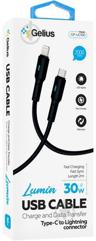USB-кабель Gelius Lumin Lamp GP-UC100 Type-C to Lightning (30W) 2 м чорний (00000100086) - фото 2 USB-кабель Gelius Lumin Lamp GP-UC100 Type-C to Lightning (30W) 2 м чорний (00000100086) - фото 2