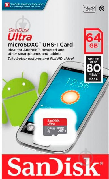 Карта памяти SanDisk microSDHC 64 ГБ Class 10UHS-I (SDSQUNR-064G-GN3MN) - фото 3