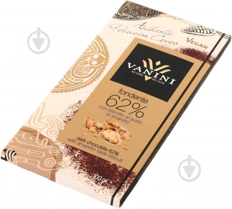 Черный шоколад Vanini Fondente 62% con biscotto al gusto di amaretto 100 г - фото 2 Черный шоколад Vanini Fondente 62% con biscotto al gusto di amaretto 100 г - фото 2