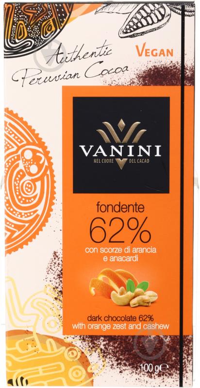Шоколад Vanini Fondente 62% con scorze di arancia e anacardi 100 г - фото 1