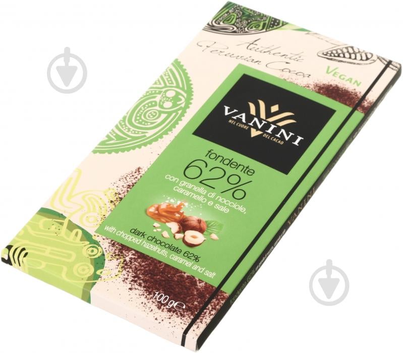Черный шоколад Vanini Fondente 62% con granella di nocciole caramello e sale 100 г - фото 2 Черный шоколад Vanini Fondente 62% con granella di nocciole caramello e sale 100 г - фото 2