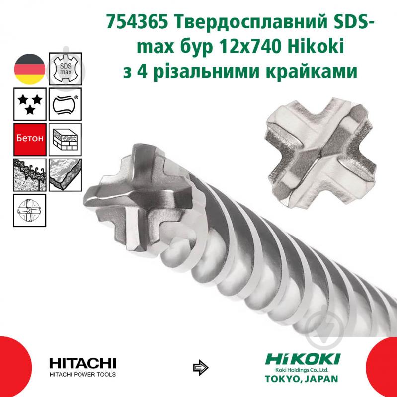 Бур HIKOKI 754365 SDS-max 12x600 мм 740 мм 1 шт. 754365 - фото 3