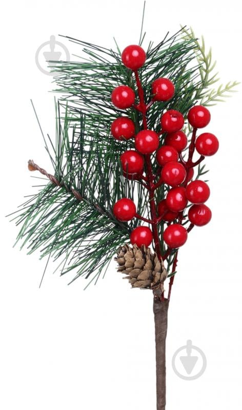 Веточка декоративная пучочек красных ягод с шишкой 24 см DYT24-230 - фото 1