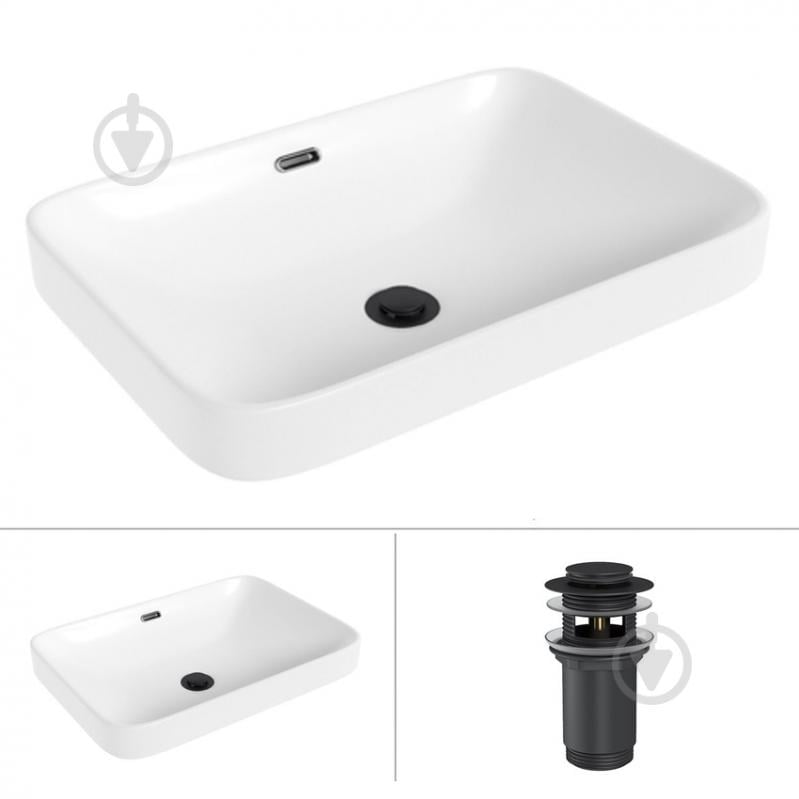 Умивальник Helmken 44152000 2 в 1: прямокутний 52 см, перелив з донним клапаном Сlick-clack, чорний матовий - фото 1