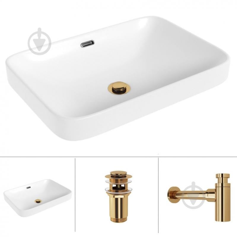 Умивальник Helmken 44152000 3 в 1: прямокутний 52 см, перелив, із сифоном і донним клапаном Сlick-clack, золото - фото 1 Умивальник Helmken 44152000 3 в 1: прямокутний 52 см, перелив, із сифоном і донним клапаном Сlick-clack, золото - фото 1