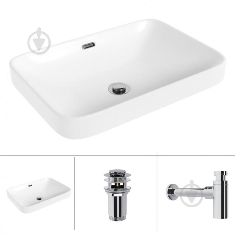 Умивальник Helmken 44152000 3 в 1: прямокутний 52 см, перелив, із сифоном і донним клапаном Сlick-clack, хром - фото 1