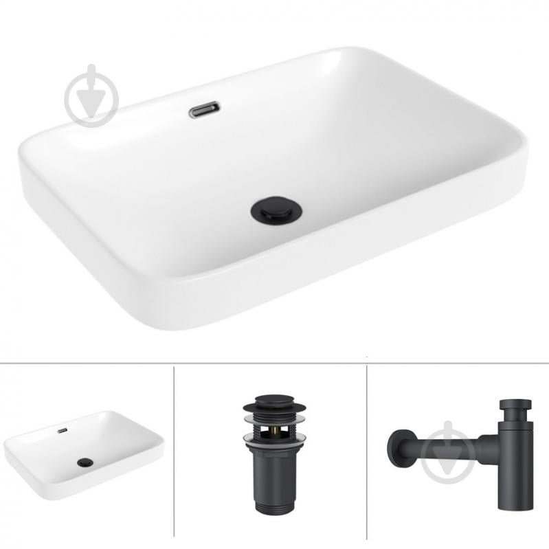 Умивальник Helmken 44152000 3 в 1: прямокутний 52 см, перелив, із сифоном і донним клапаном Сlick-clack, чорний матовий - фото 1 Умивальник Helmken 44152000 3 в 1: прямокутний 52 см, перелив, із сифоном і донним клапаном Сlick-clack, чорний матовий - фото 1