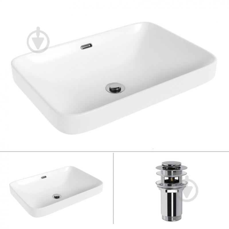 Умивальник Helmken 44156000 2 в 1: прямокутний 56 см, перелив із донним клапаном Сlick-clack, хром - фото 1