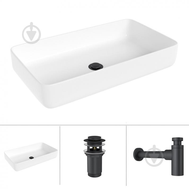 Умывальник Helmken 48760000 3 в 1: прямоугольный 60 см, с сифоном и донным клапаном Сlick-clack, черный матовый - фото 1 Умывальник Helmken 48760000 3 в 1: прямоугольный 60 см, с сифоном и донным клапаном Сlick-clack, черный матовый - фото 1