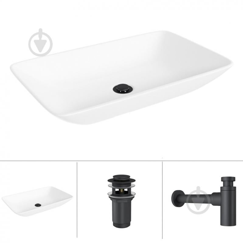 Умивальник Helmken 54059000 3 в 1: прямокутний 59 см, із сифоном і донним клапаном Сlick-clack, чорний матовий - фото 1