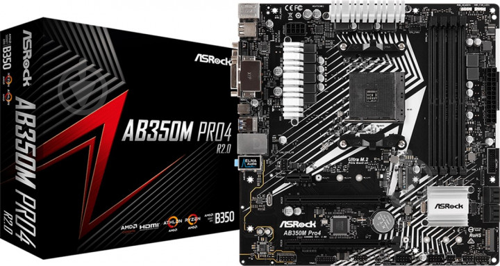 Материнська плата ASRock AB350M PRO4 R2.0 (Socket AM4, AMD B350, mirco ATX) - фото 1