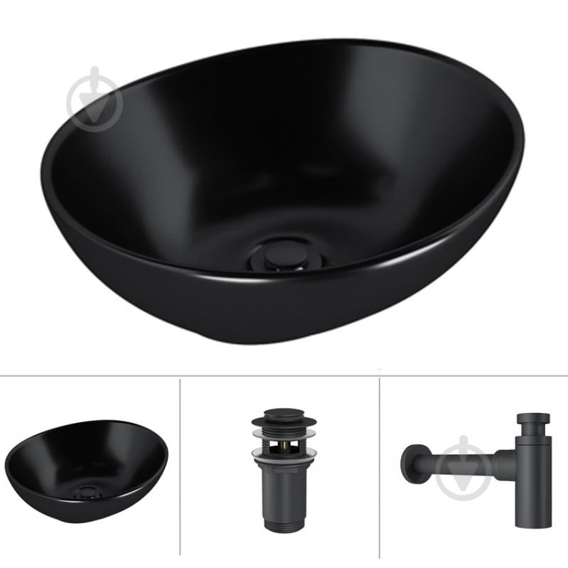 Умивальник Helmken 65241001 3 в 1: овальний 41 см, із сифоном і донним клапаном Сlick-clack, чорний матовий - фото 1 Умивальник Helmken 65241001 3 в 1: овальний 41 см, із сифоном і донним клапаном Сlick-clack, чорний матовий - фото 1