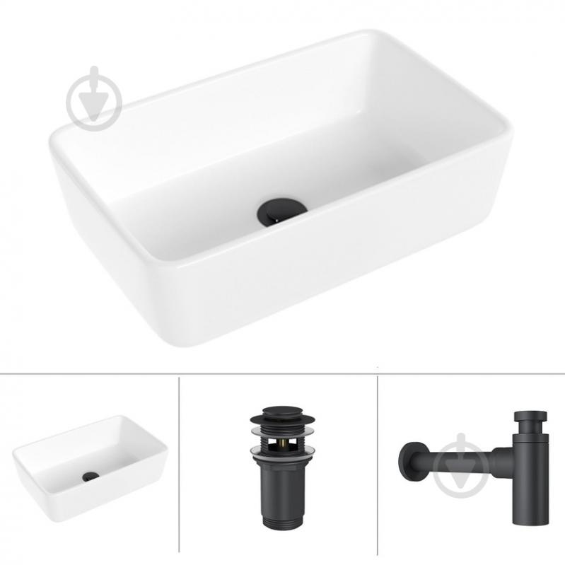 Умывальник Helmken 67448000 3 в 1: прямоугольный 48 см, с сифоном и донным клапаном Сlick-clack, черный матовый - фото 1 Умывальник Helmken 67448000 3 в 1: прямоугольный 48 см, с сифоном и донным клапаном Сlick-clack, черный матовый - фото 1