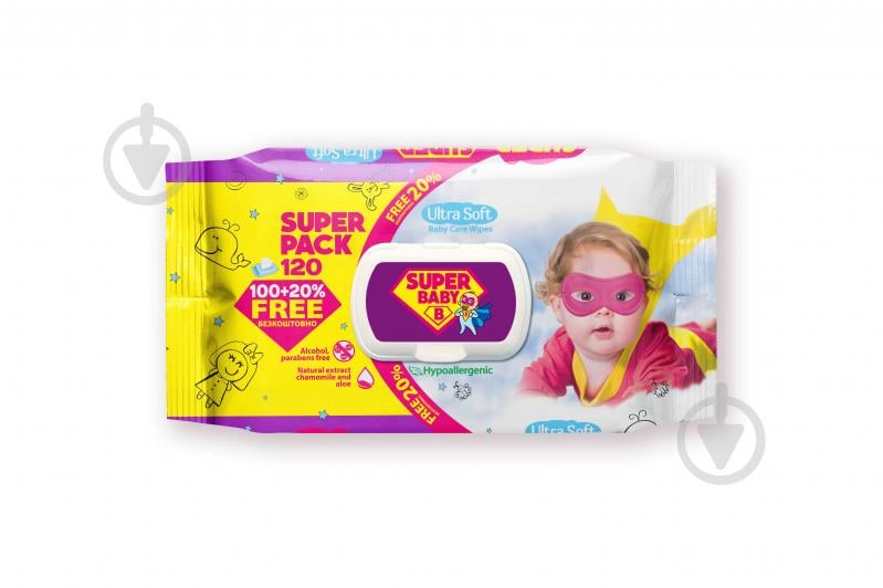 Дитячі вологі серветки Super Baby SuperPack sensetive ромашка та алоє 72 шт. - фото 2