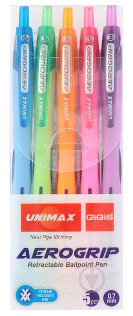 Набір ручок кулькових Unimax Aerogrip-3 (UX-140-20) 5 кольорів - фото 1