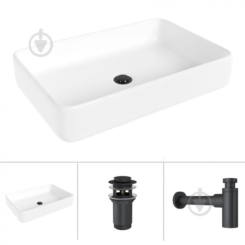 Умывальник Helmken 84261000 3 в 1: прямоугольный 61,5 см, с сифоном и донным клапаном Сlick-clack, черный матовый - фото 1