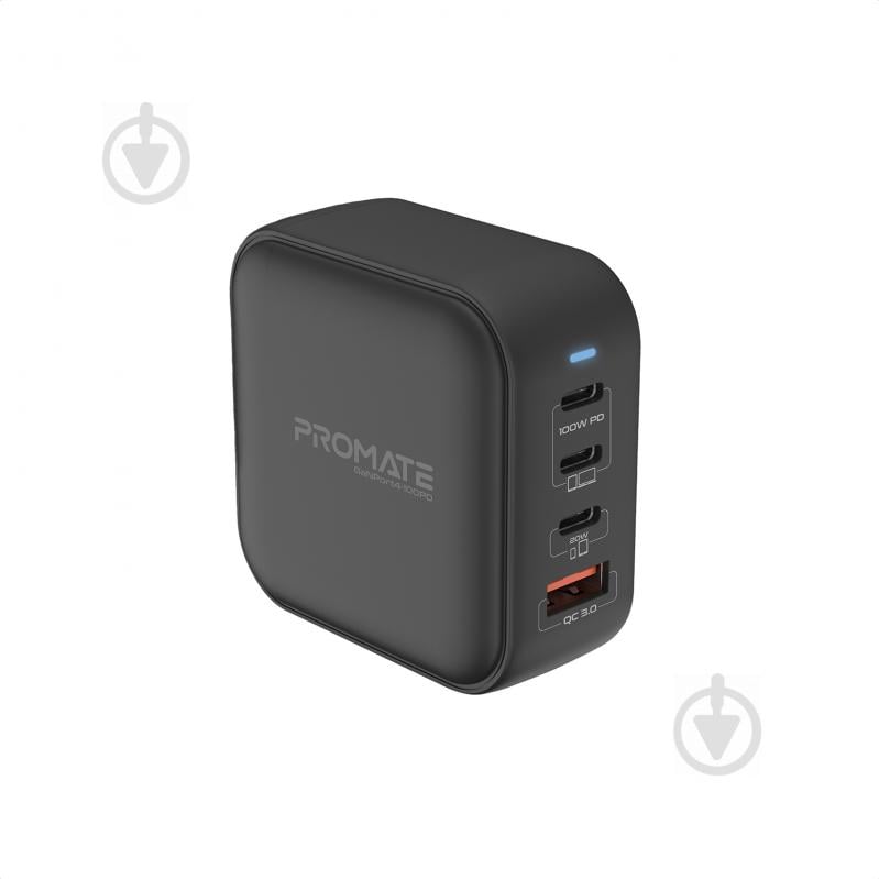 Мережевий зарядний пристрій Promate GaNPort4-100PD 100 Вт 3хUSB-C+USB-A Black - фото 1