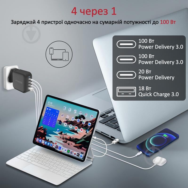 Мережевий зарядний пристрій Promate GaNPort4-100PD 100 Вт 3хUSB-C+USB-A Black - фото 4