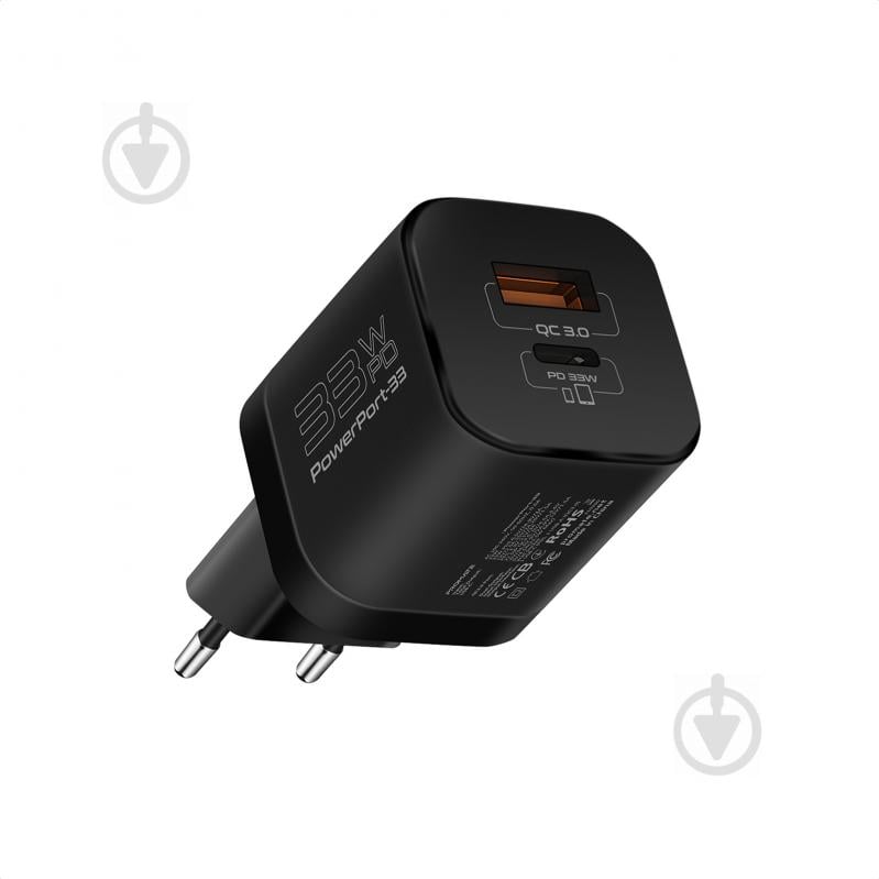 Мережевий зарядний пристрій Promate PowerPort-33 Вт USB-C+USB-A Black - фото 1