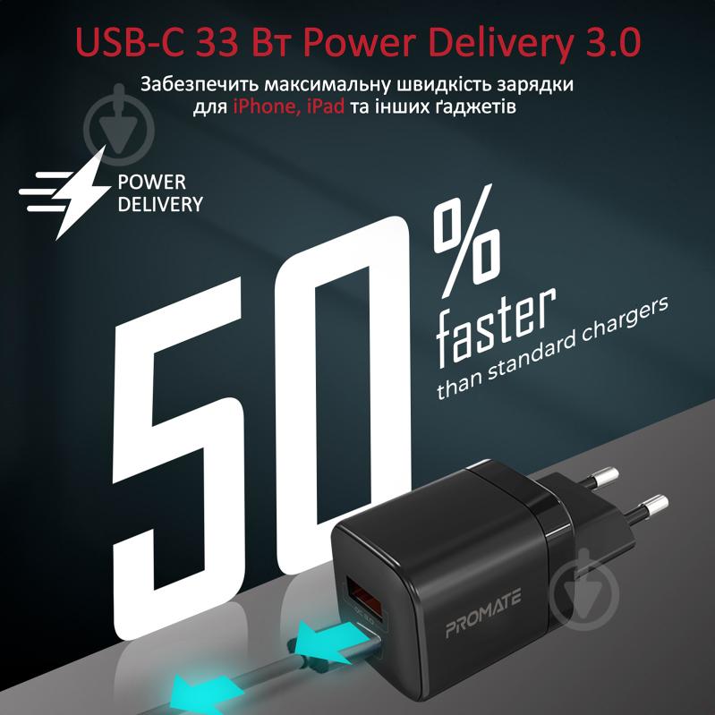 Мережевий зарядний пристрій Promate PowerPort-33 Вт USB-C+USB-A Black - фото 5