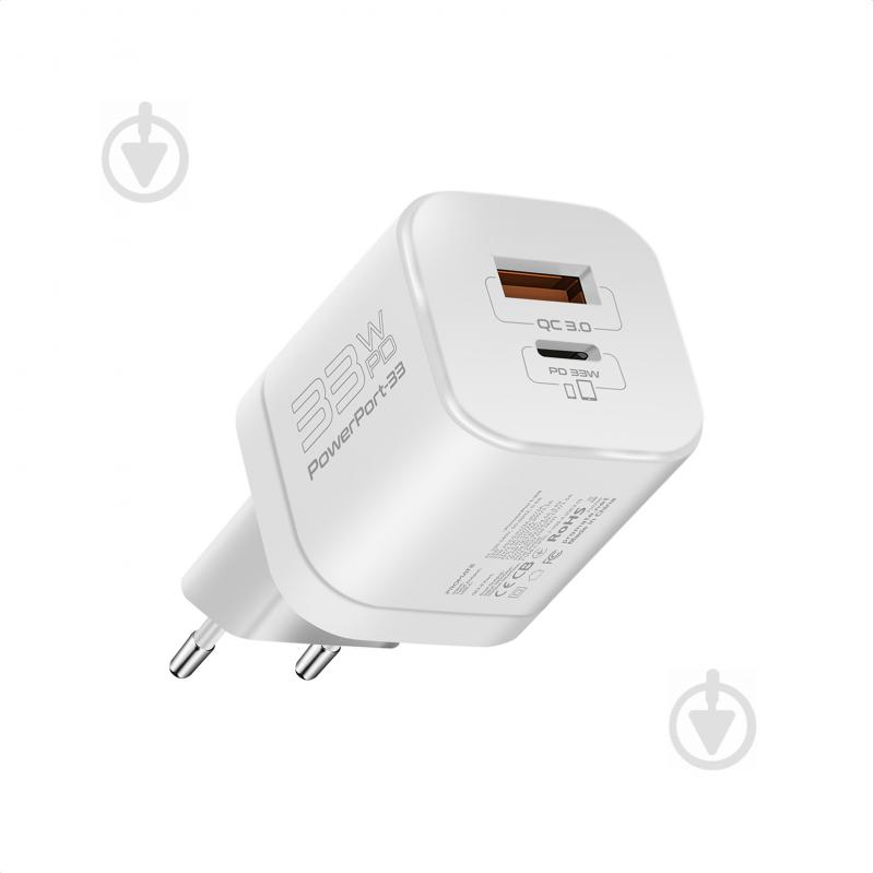 Сетевое зарядное устройство Promate PowerPort-33 Вт USB-C+USB-A White - фото 1