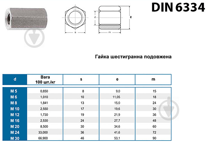 Гайка шестигранная высокая М 14 x42 мм DIN 6334 - фото 2