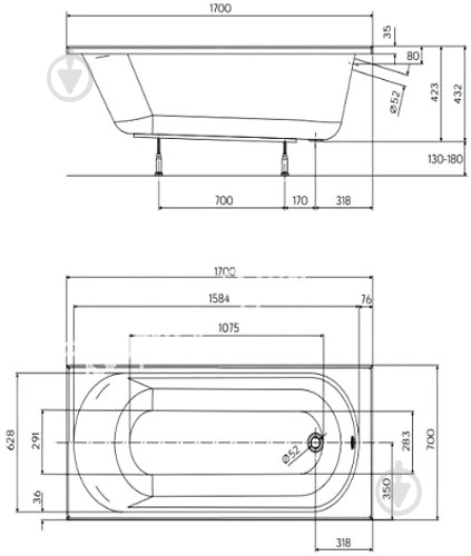 Ванна акрилова Kolo Opal Plus XWP1270000 170х70 см - фото 2