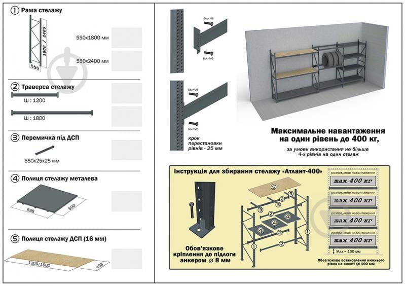 Стелаж металевий «Атлант-400» на 4 полиці 1800x1280x550 мм графіт - фото 4