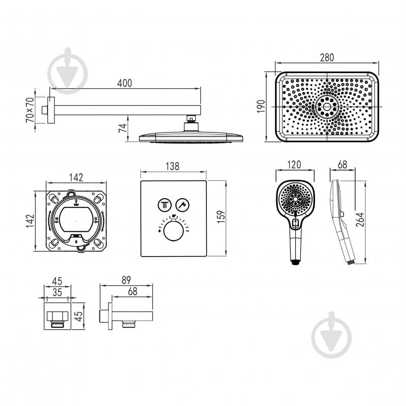 Душевая система скрытого монтажа Imprese CENTRUM EQ (термостат 2 функции, кнопки переключения, душ 280*190мм) черная - фото 2 Душевая система скрытого монтажа Imprese CENTRUM EQ (термостат 2 функции, кнопки переключения, душ 280*190мм) черная - фото 2
