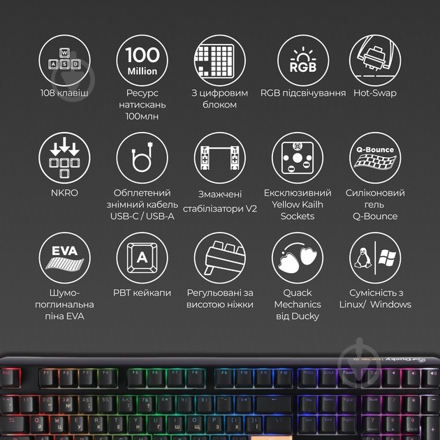 Клавіатура Ducky Ducky One 3 TKL Cherry MX Speed Silver RGB UA (DKON2187ST-PUAPXCLAWSC1) black - фото 23