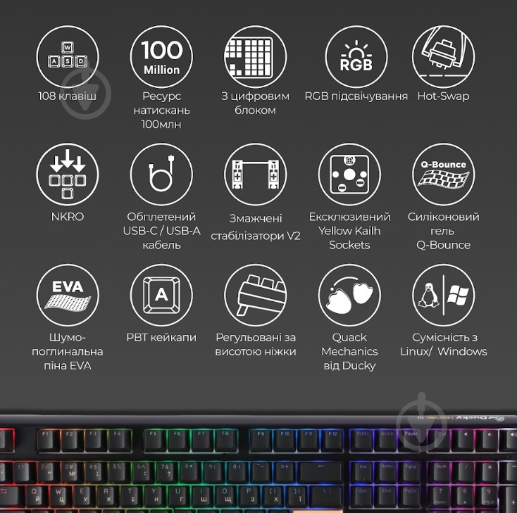 Клавіатура Ducky Ducky One 3 Cherry MX Silent Red RGB UA (DKON2108ST-SUAPXCLAWSC1) black - фото 4