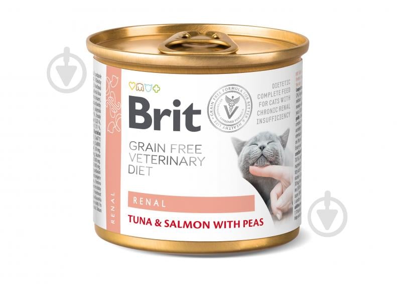 Корм влажный для взрослых котов Brit VetDiets с хронической почечной недостаточностью тунец, лосось, горох 200 г - фото 1