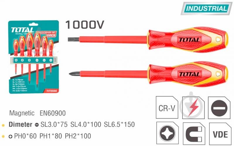 Набір викруток Total діелектричних до 1000 В 6 шт. SL 3.0 / 4.0 / 6.5 PH 0 / 1 / 2×150 мм THTIS566 - фото 14