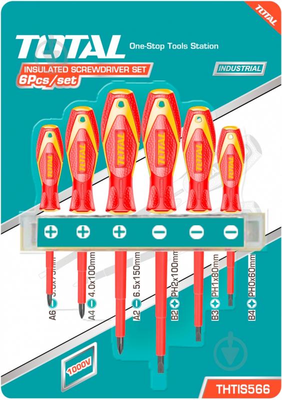 Набір викруток Total діелектричних до 1000 В 6 шт. SL 3.0 / 4.0 / 6.5 PH 0 / 1 / 2×150 мм THTIS566 - фото 1