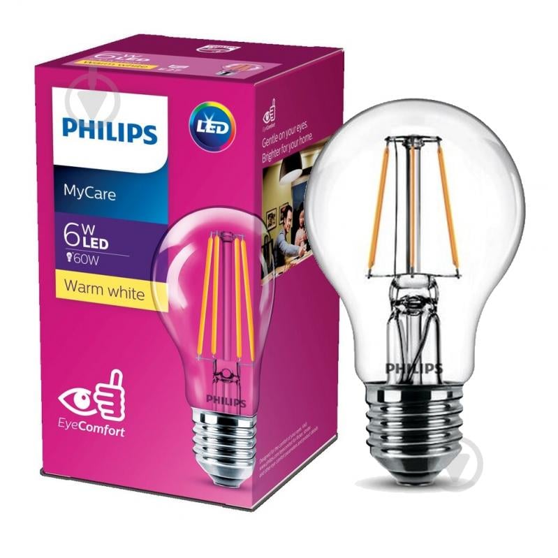 Лампа світлодіодна Philips Classic 6 Вт A60 прозора E27 220 В 3000 К - фото 1