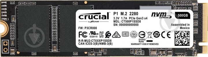 SSD-накопичувач Micron Crucial P1 500GB M.2 PCI Express 3.0 x4 3D NAND (CT500P1SSD8) - фото 1